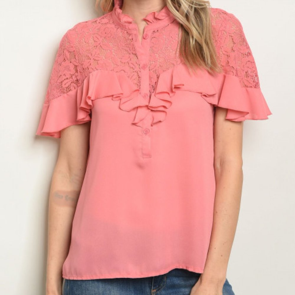 Coral lace shawl shoulder blouse